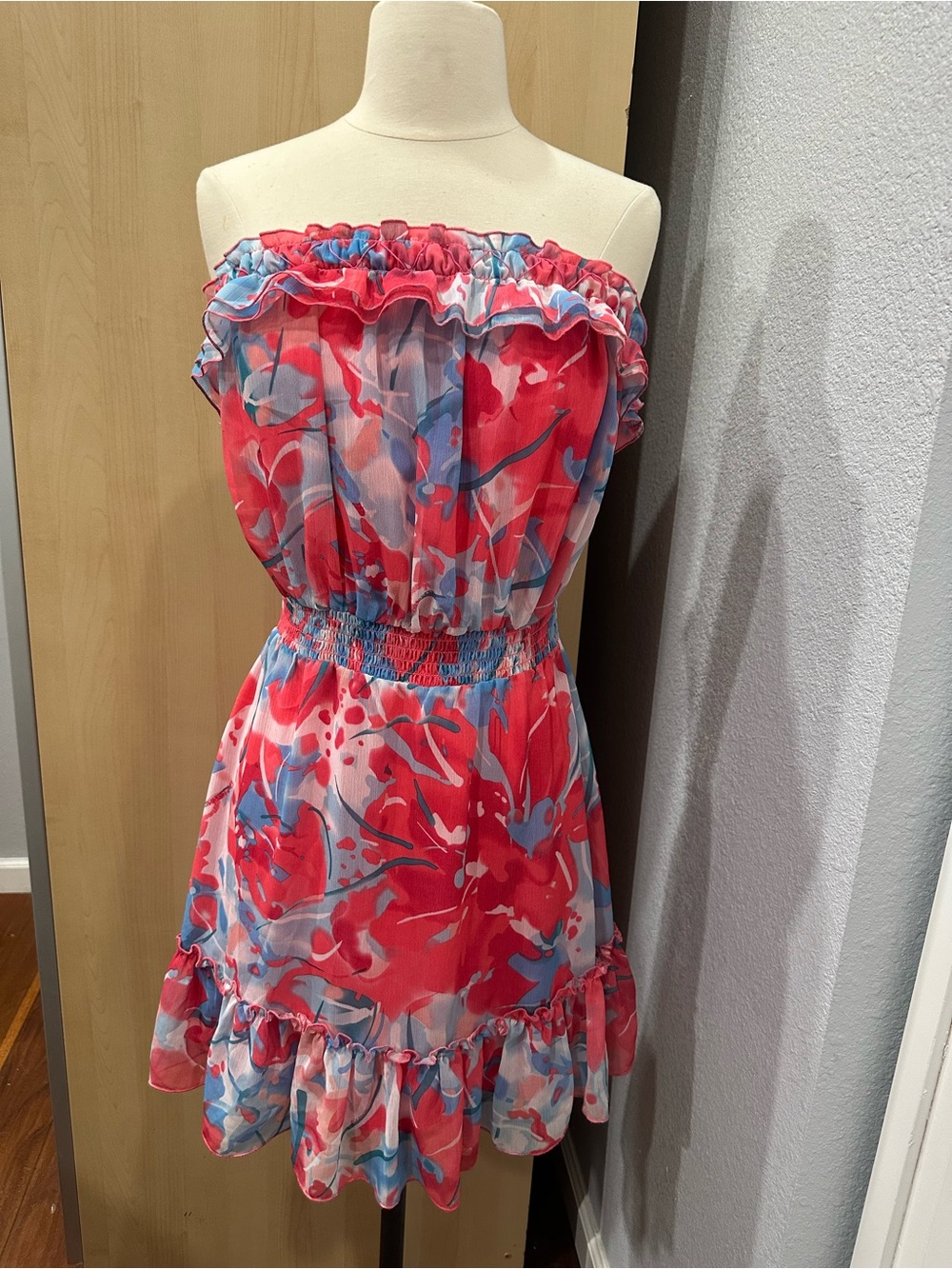 2B Bebe Red Pink Blue Strapless Ruffle Mini Dress